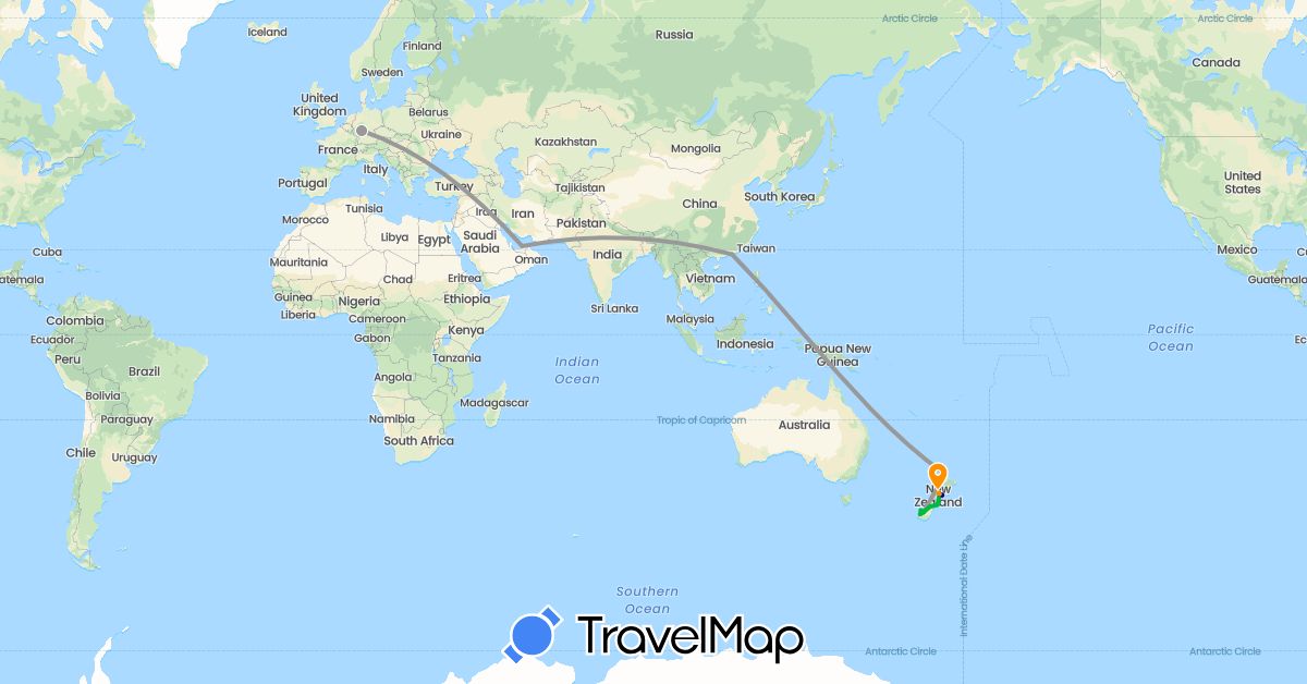 TravelMap itinerary: driving, bus, plane, hiking, boat, hitchhiking in United Arab Emirates, Germany, Hong Kong, New Zealand (Asia, Europe, Oceania)